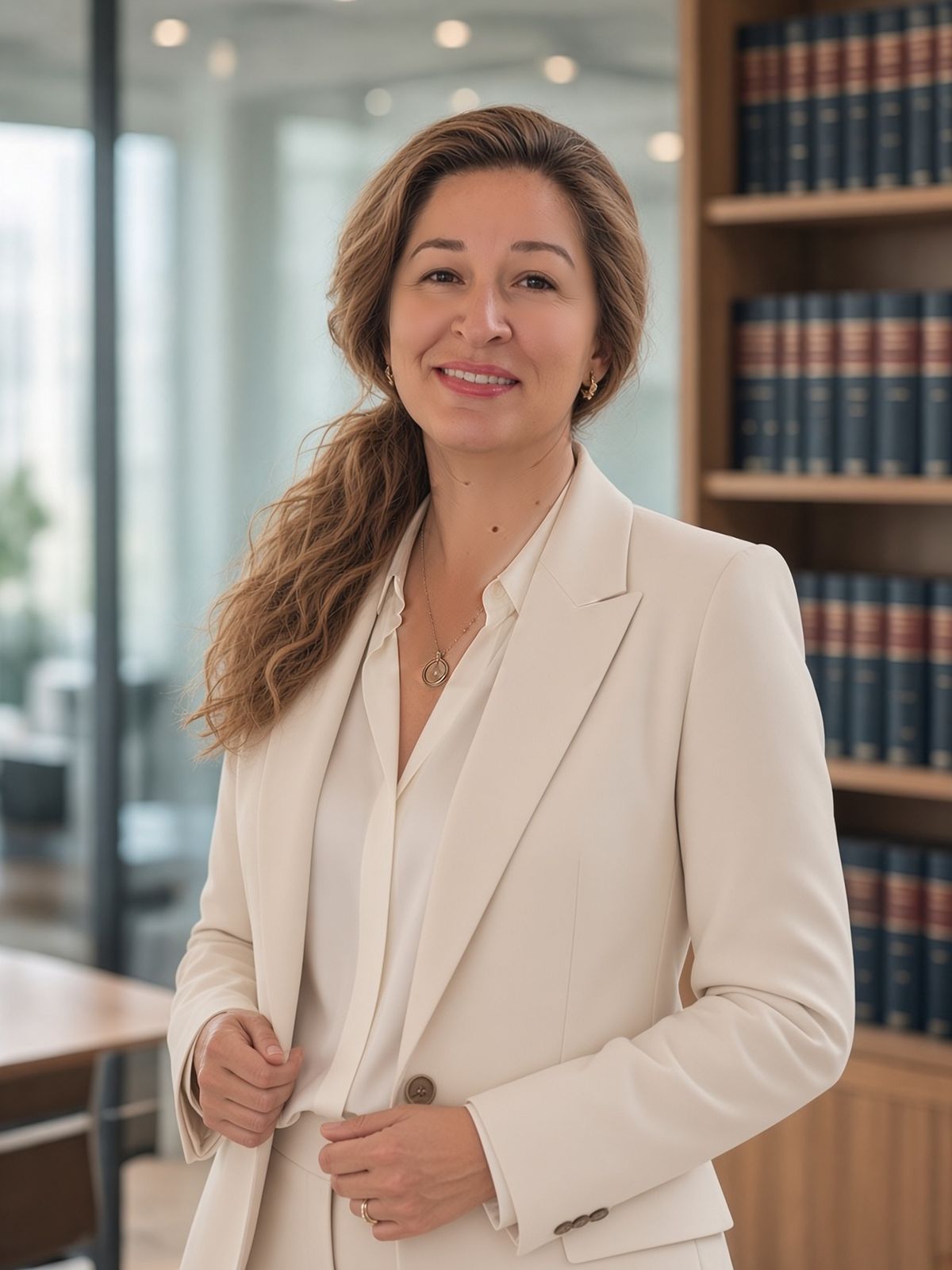 Alina Pufu în birou, lângă bibliotecă