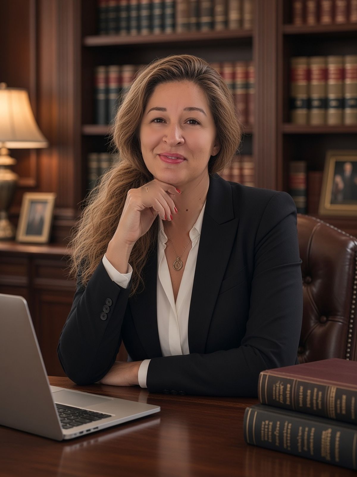 Alina Pufu at her desk, among files and law books