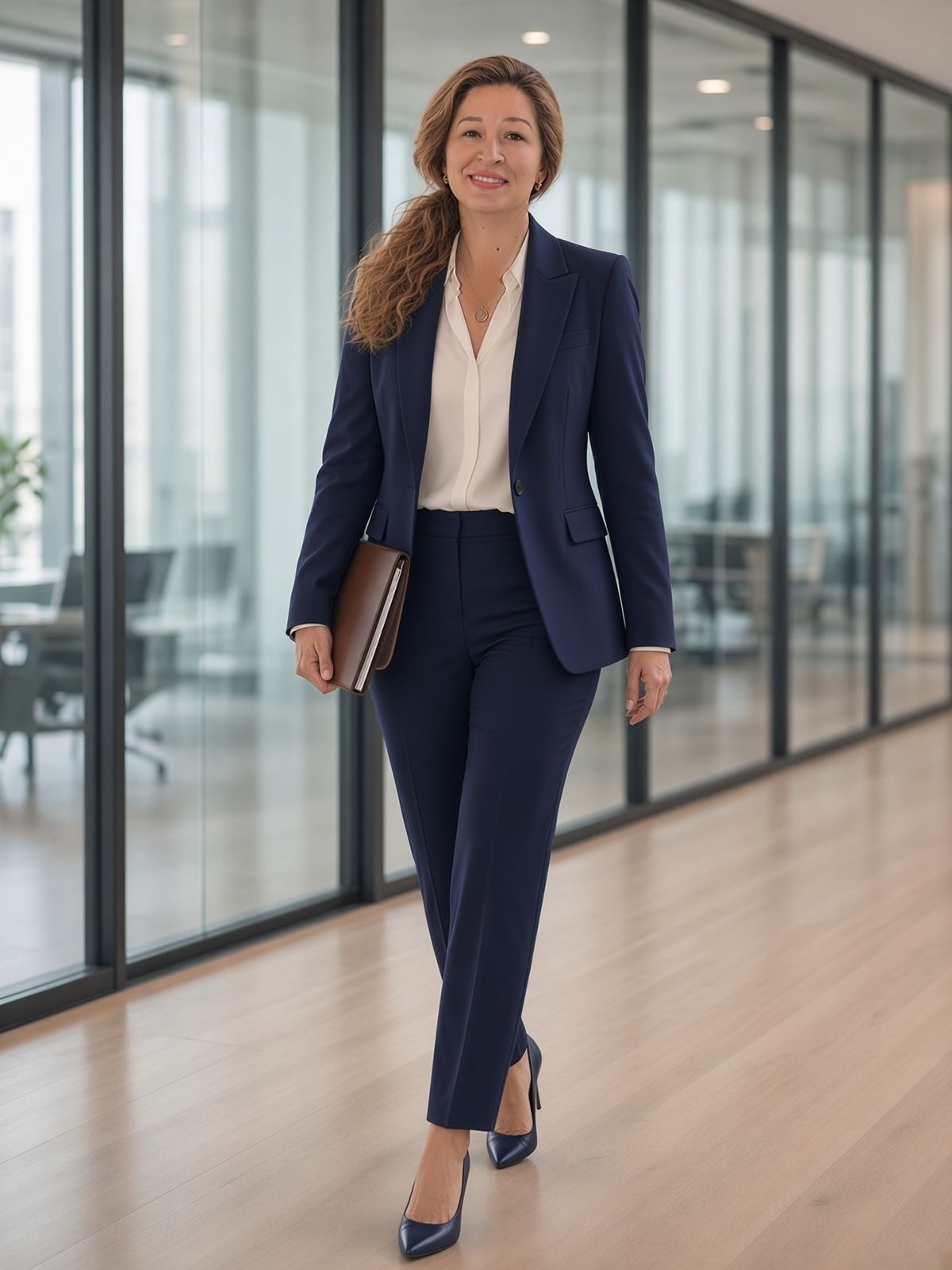 Alina Pufu, in a navy suit, in the office hallway