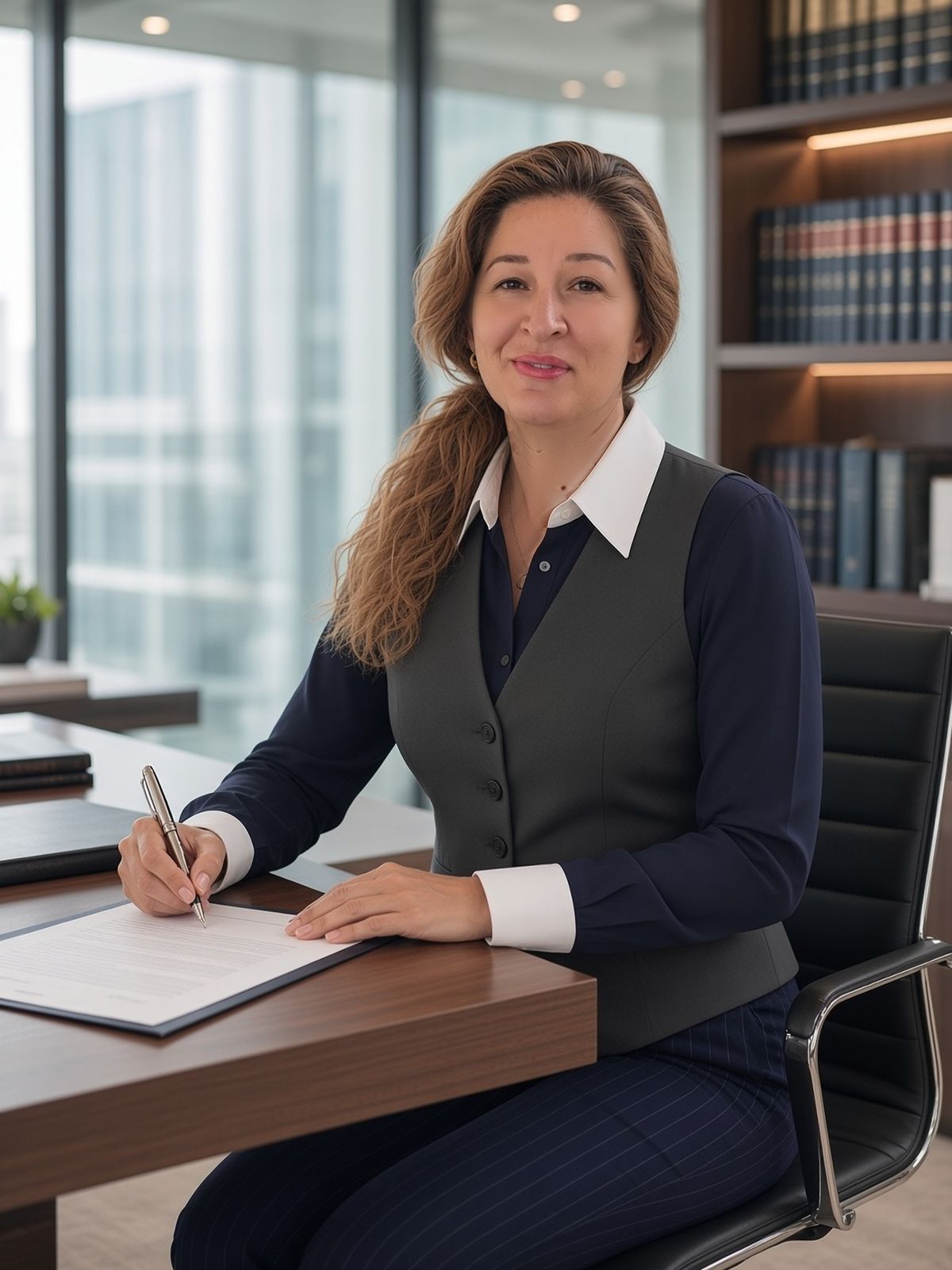 Alina Pufu annotating a contract at her desk