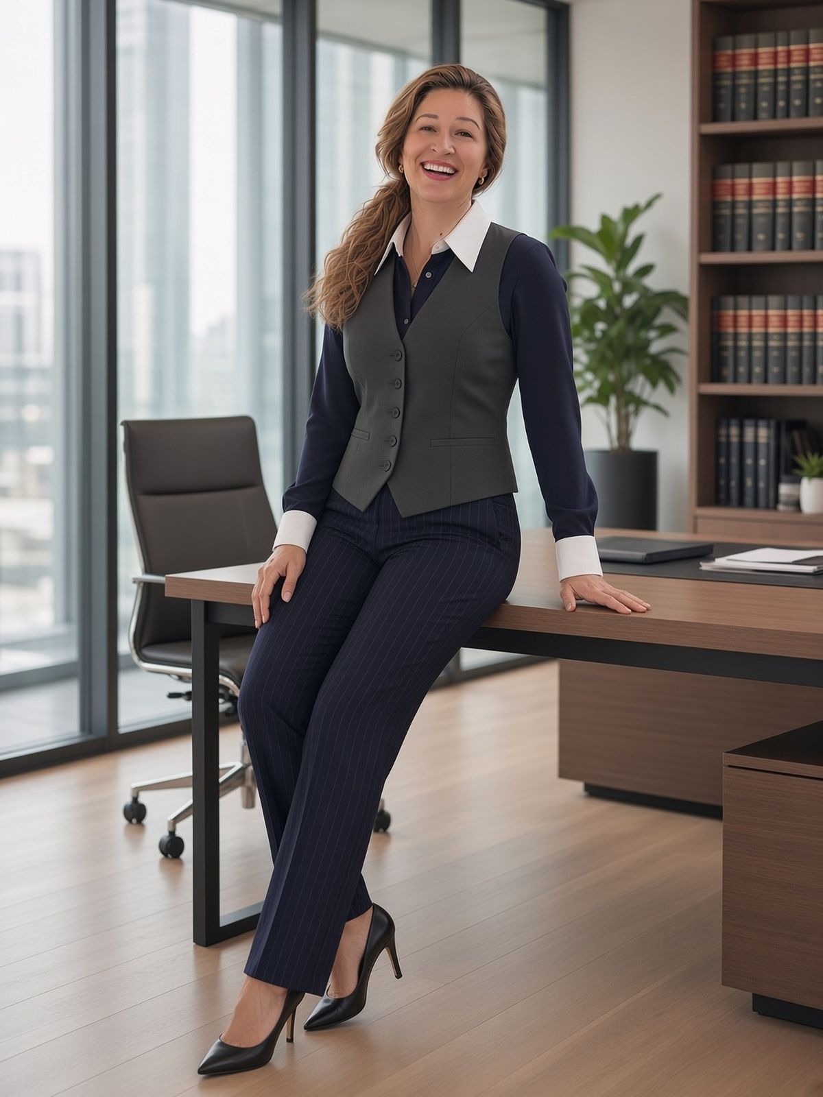 Alina Pufu leaning against the edge of her desk
