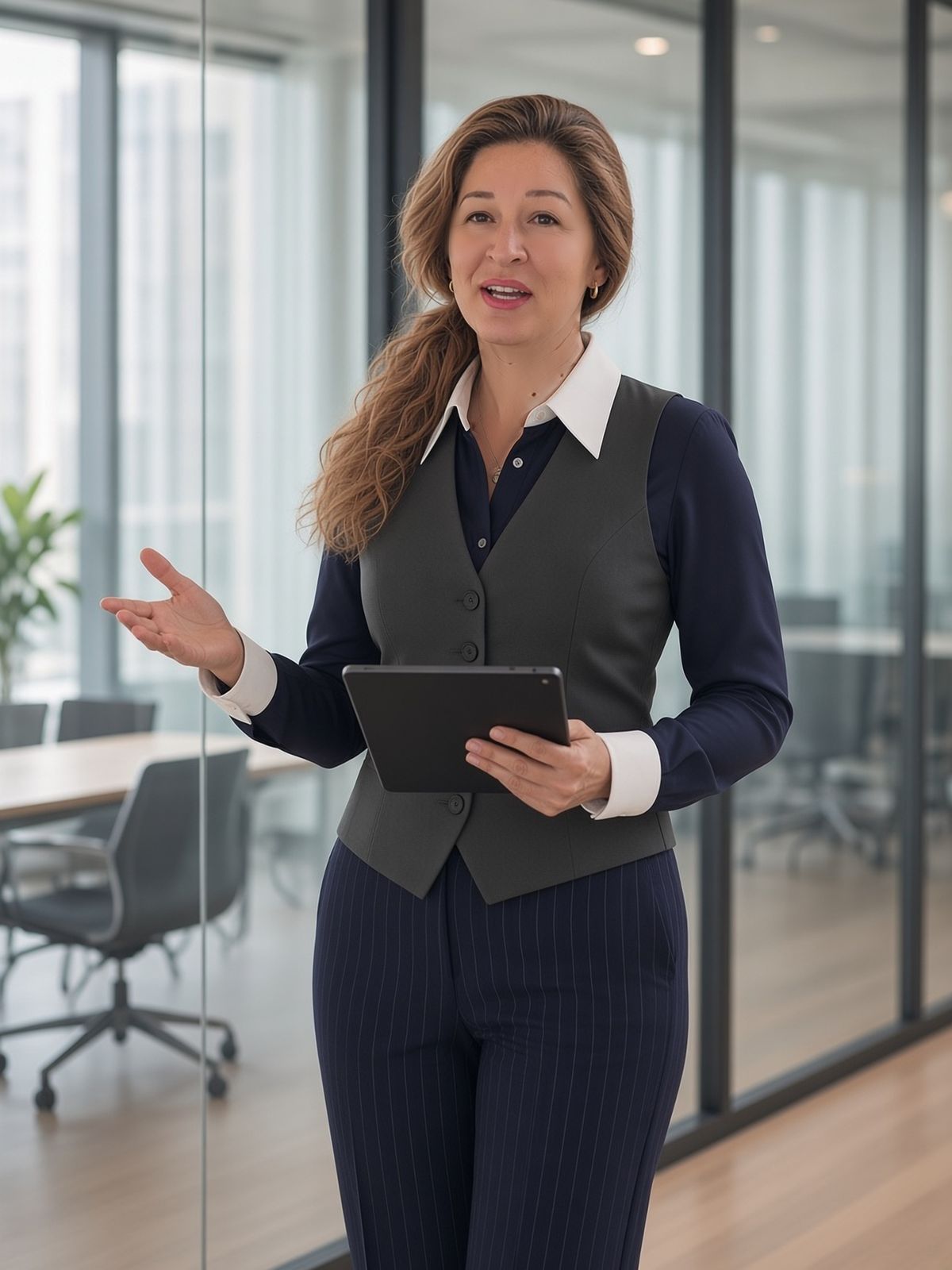 Alina Pufu explaining a document on a tablet