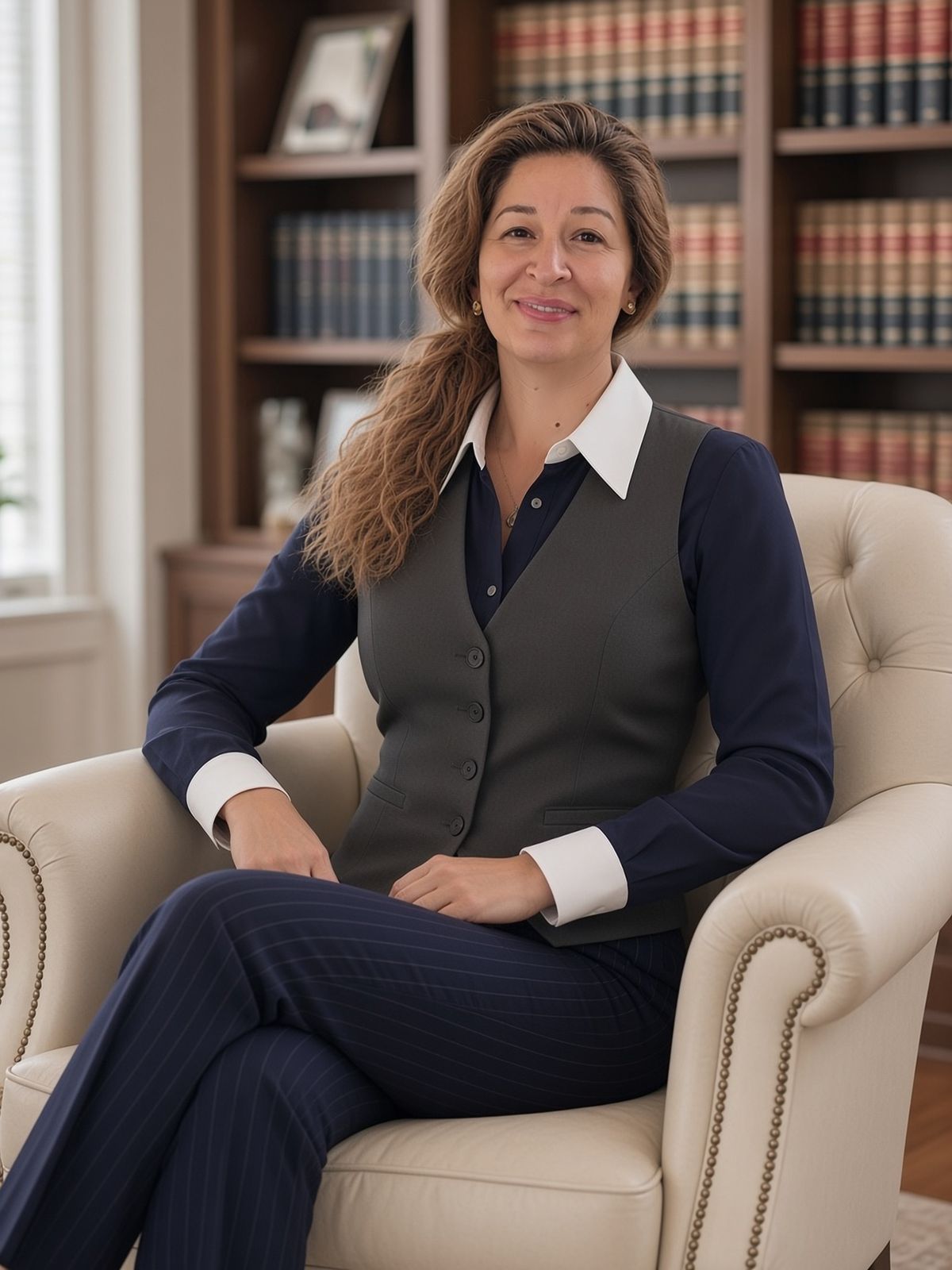 Alina Pufu, corporate and commercial lawyer, seated in an armchair in the library